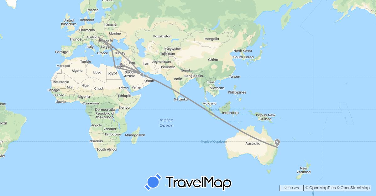 TravelMap itinerary: driving, plane in United Arab Emirates, Australia, Egypt, Hungary, Jordan, Qatar, Turkey (Africa, Asia, Europe, Oceania)